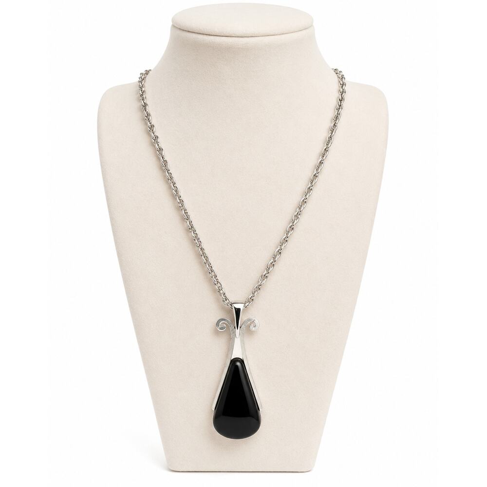 Vintage Avon Pendant Necklace 24" Silver Tone Modernist Black Statement 1970s - Picture 11 of 11